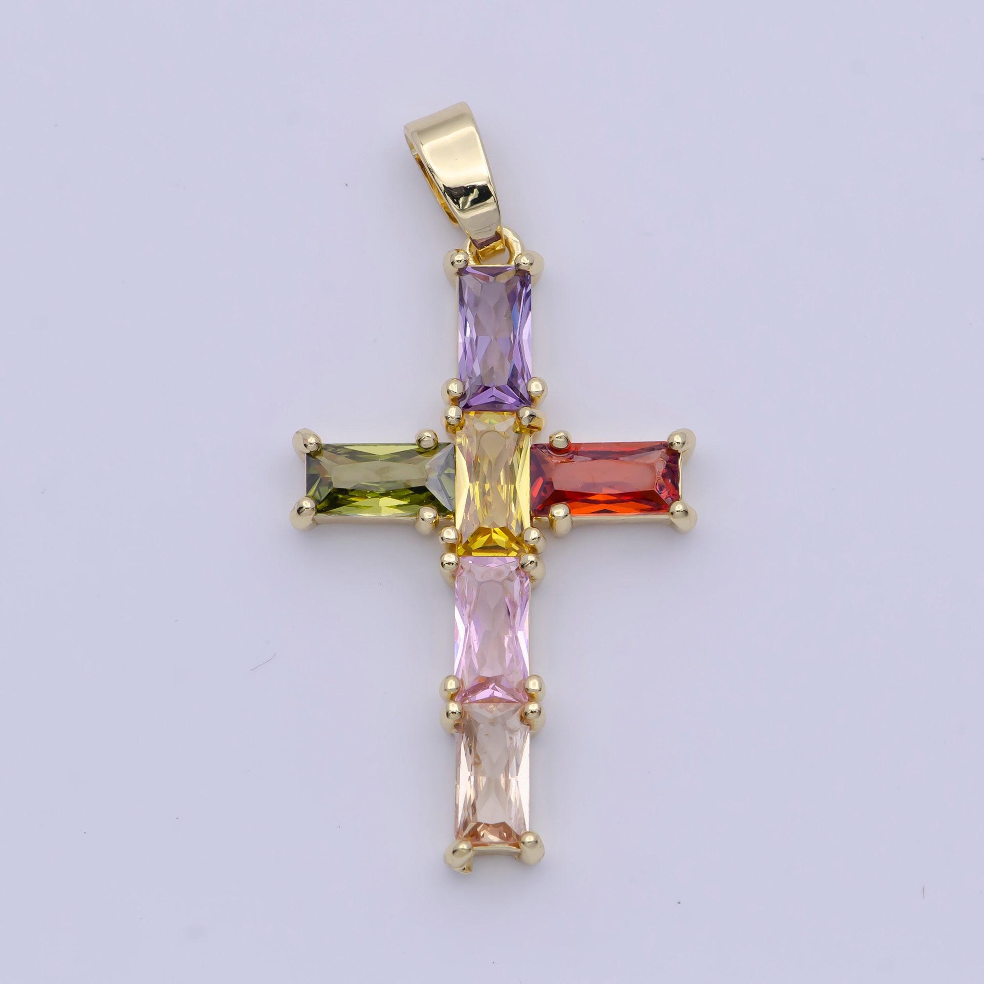 Clear & multicolored cz baguette cross pendant, 24k gold plated micro paved baguette cz cross religious charm | x-502, x-506
