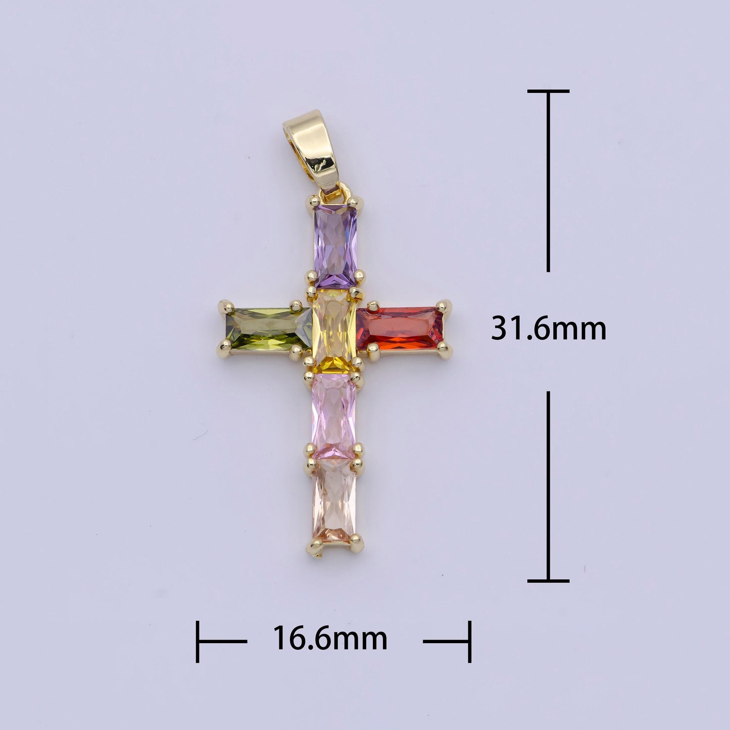 Clear & multicolored cz baguette cross pendant, 24k gold plated micro paved baguette cz cross religious charm | x-502, x-506