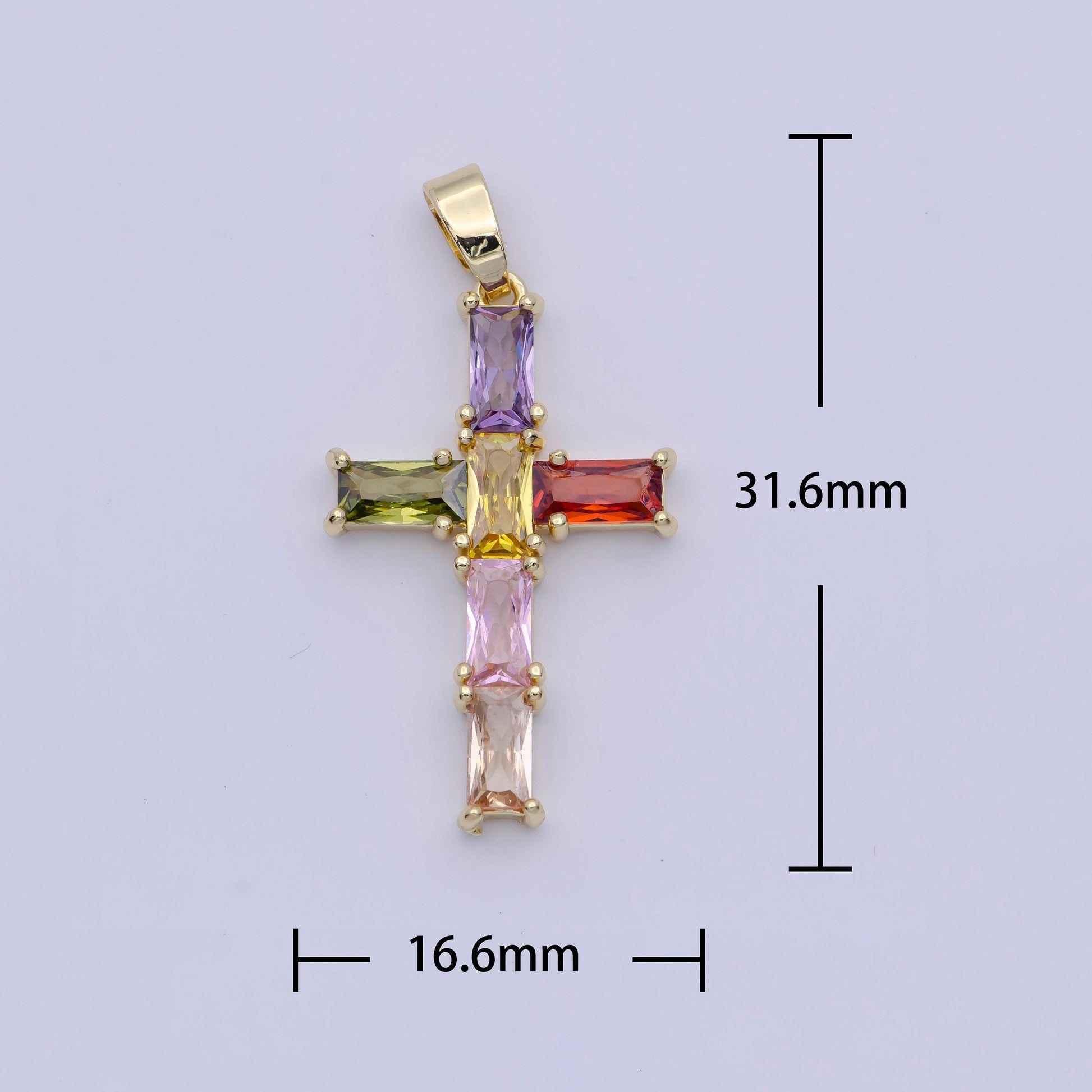 Clear & multicolored cz baguette cross pendant, 24k gold plated micro paved baguette cz cross religious charm | x-502, x-506