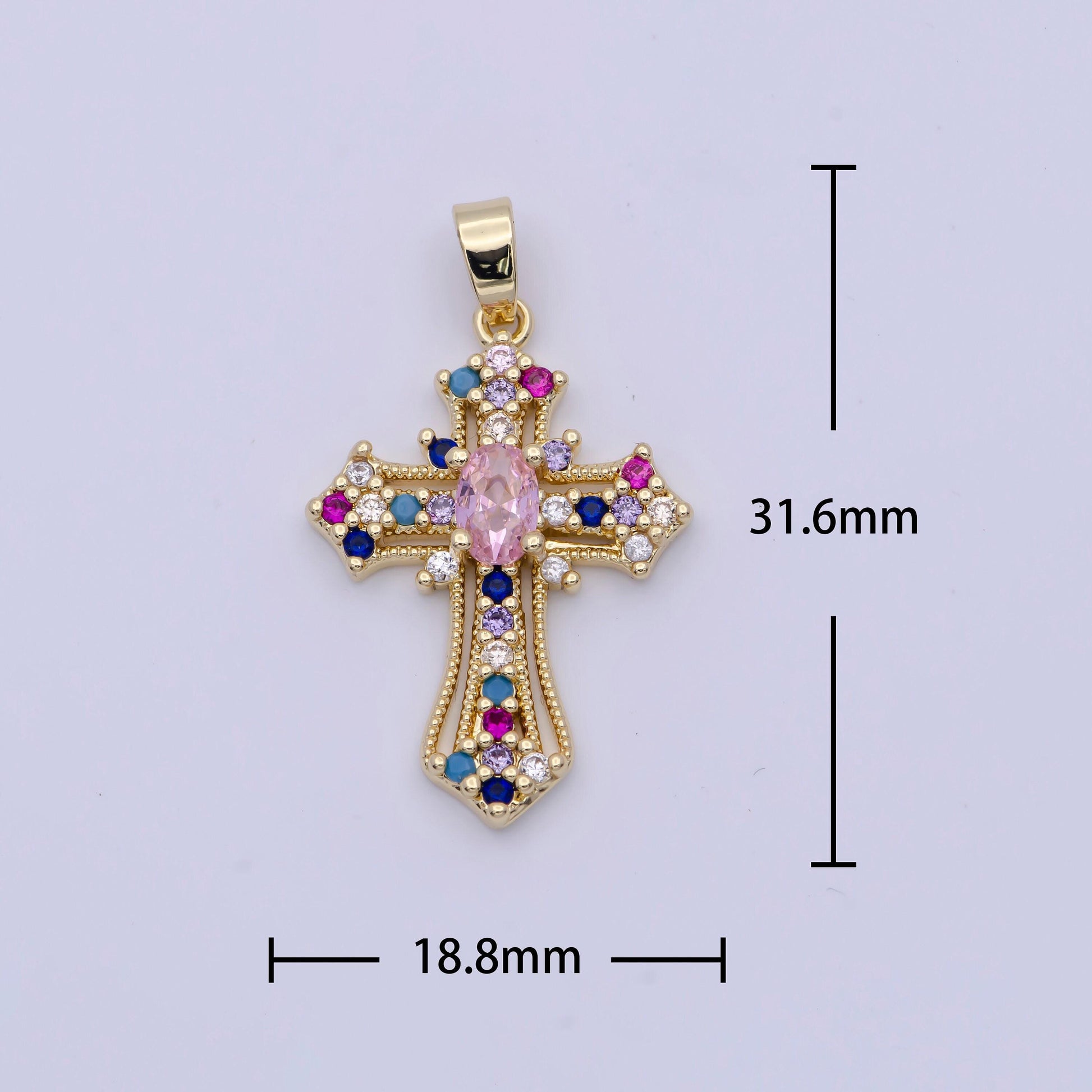 24k gold filled clear, multicolor micro paved oval cz passion cross religious pendant | x504 x505