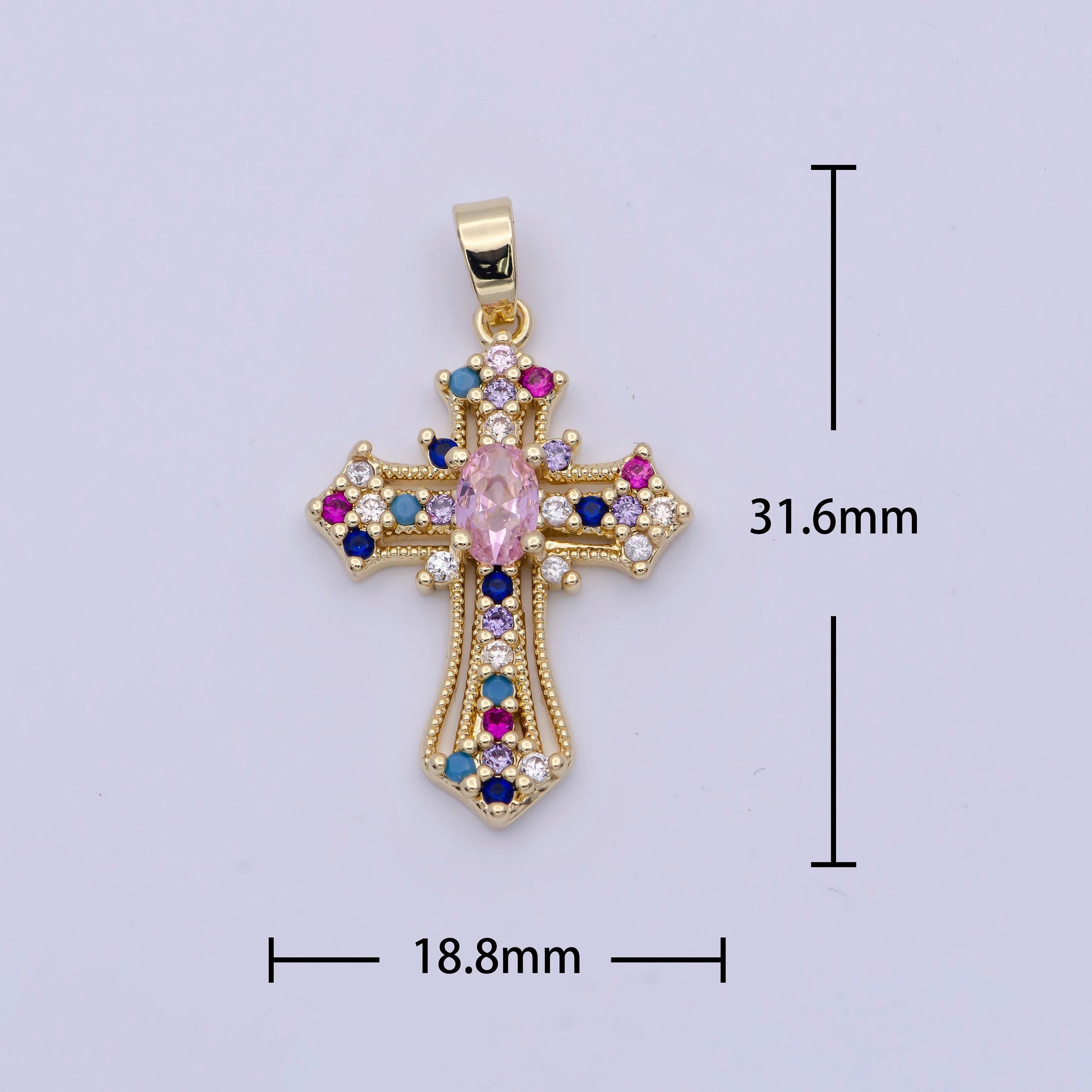 Royalty clear & colorful gold cz cross pendant, 24k gold plated micro paved cz royalty religious cross charm | x-504, x-505