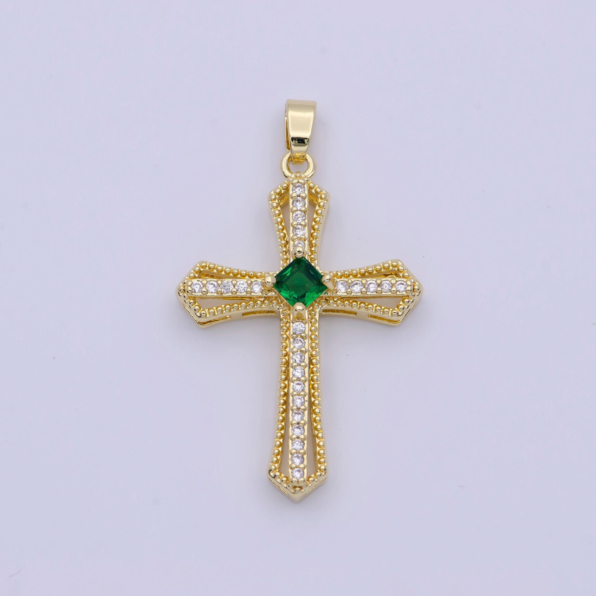 Gold multicolor cz cross pendant, 24k gold plated colored micro paved cubic zirconia cross religious charm | x-494~x-496