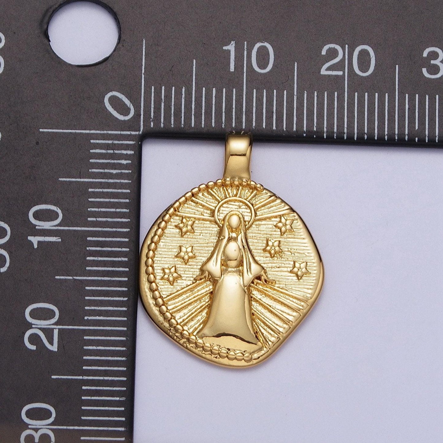 Our lady of guadalupe coin medallion pendant, 24k gold filled pregnant virgin mary sunburst celestial stars coin charm | x-488