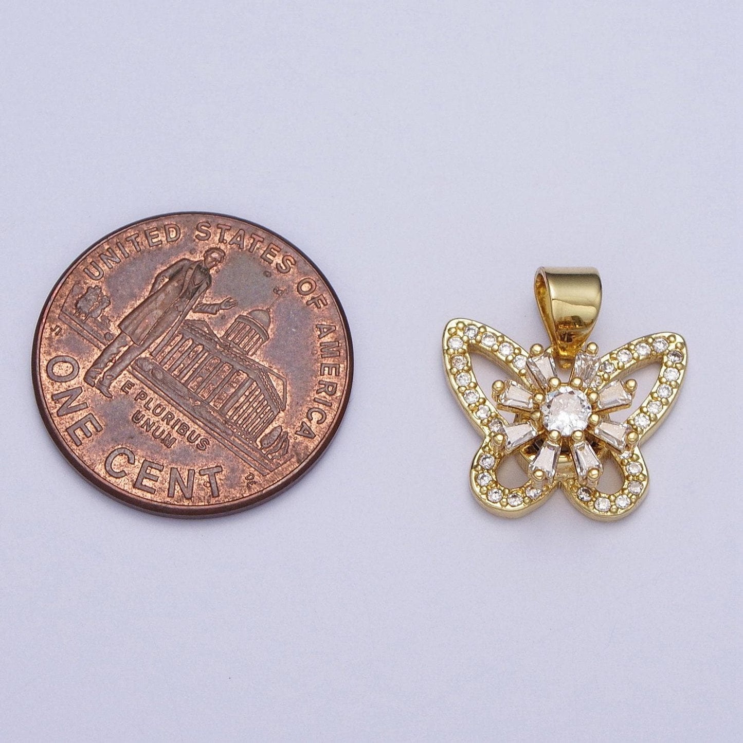 Dainty gold butterfly pendant with clear micro pave cz baguette stone, 24k gold plated clear cz crystals mariposa charm | x-474