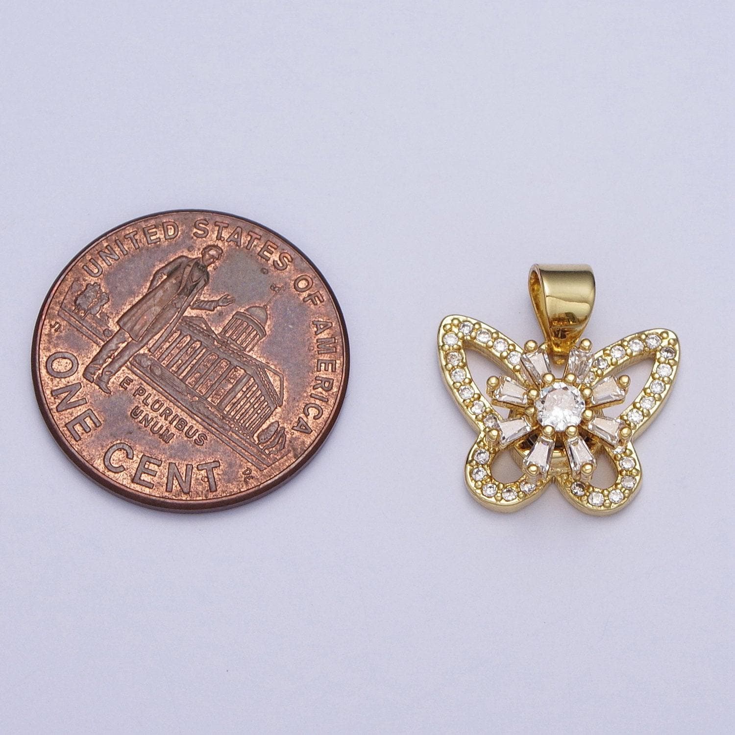 Dainty gold butterfly pendant with clear micro pave cz baguette stone, 24k gold plated clear cz crystals mariposa charm | x-474