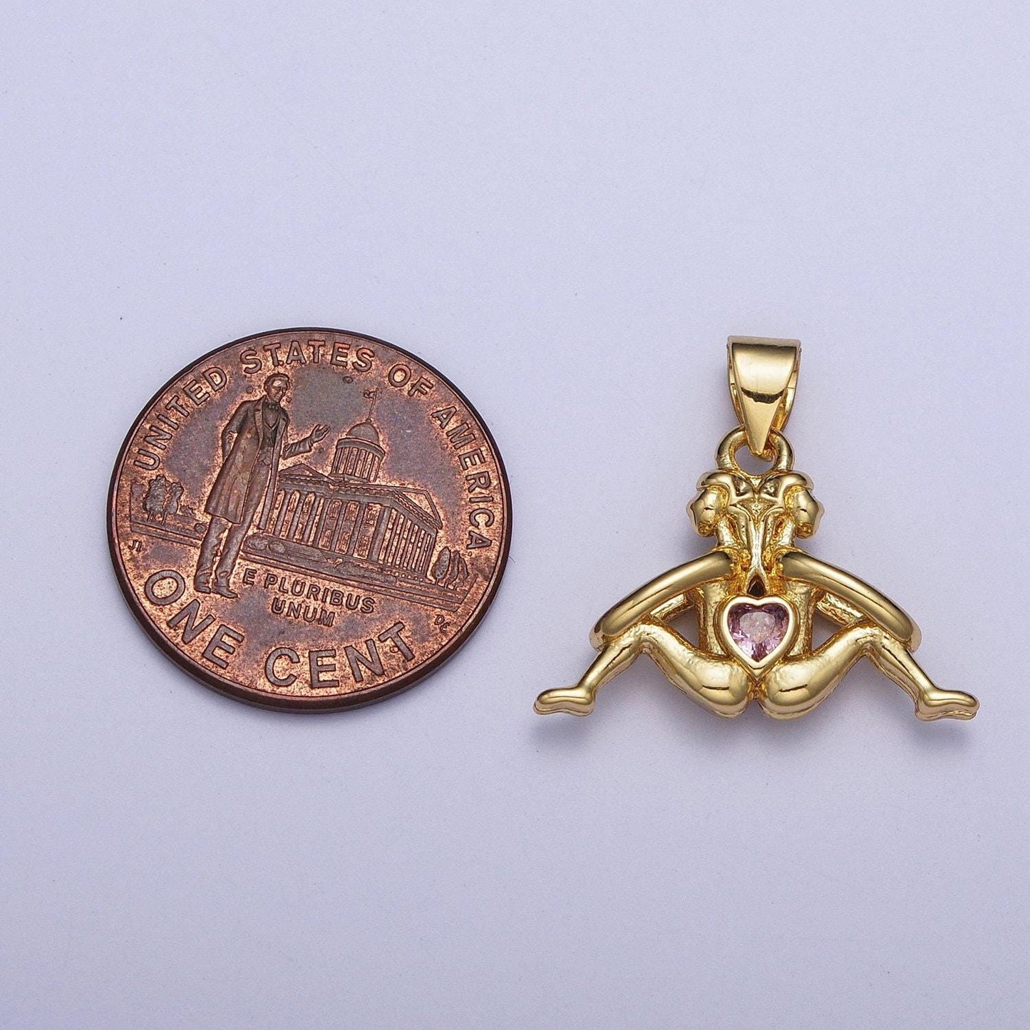 Gold back-to-back couple soulmate pendant, micro pave pink cz love heart center, 24k gold plated eternal love couple charm | x-473