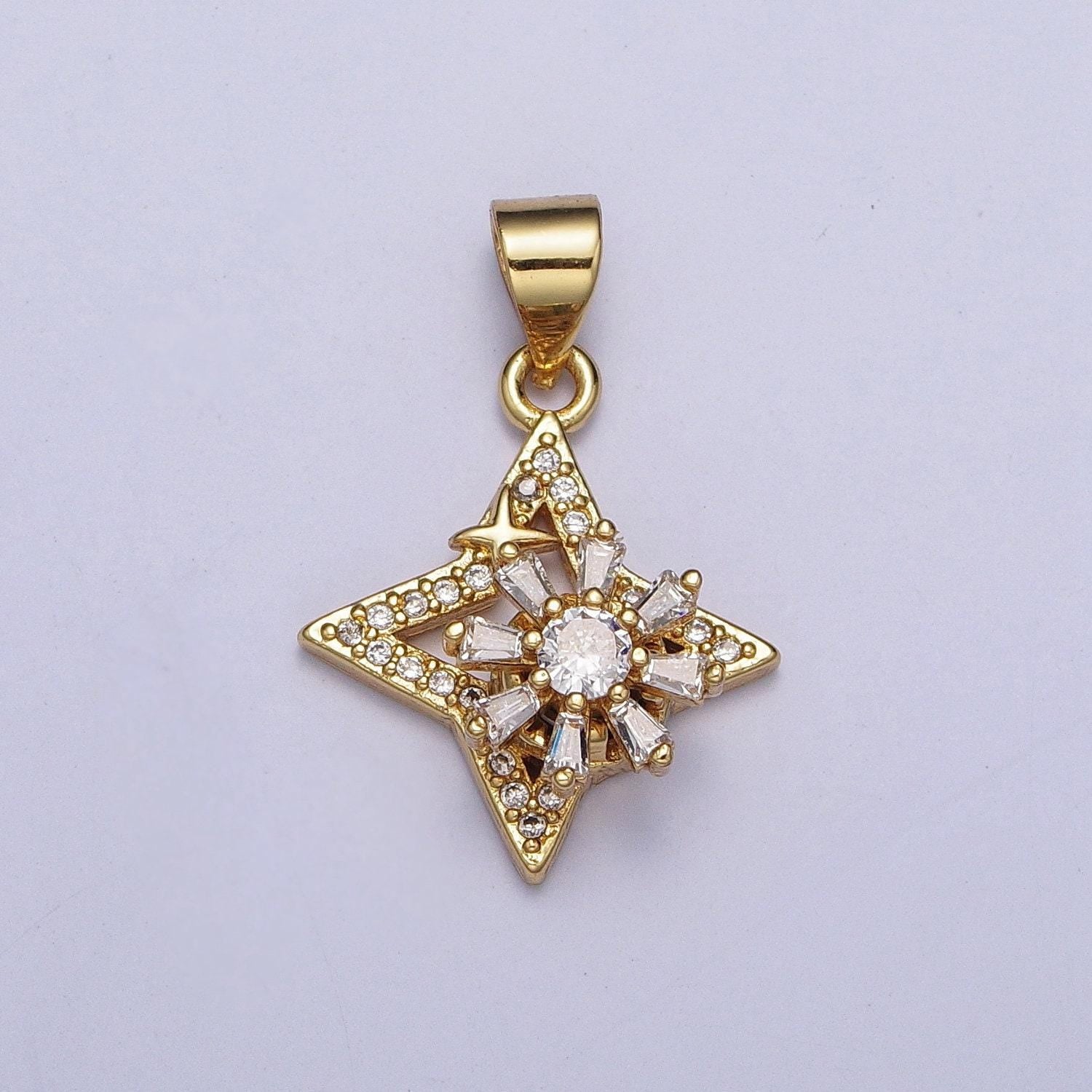 Dainty micro cz baguette paved north star pendant, 24k gold plated mini cz paved small celestial charm diy charm component | x-472