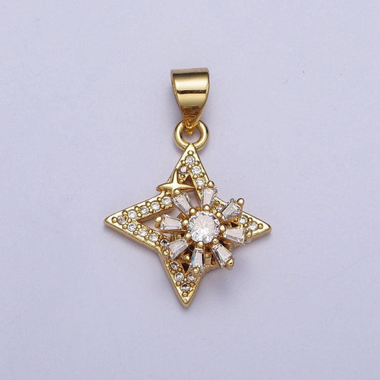 Dainty micro cz baguette paved north star pendant, 24k gold plated mini cz paved small celestial charm diy charm component | x-472
