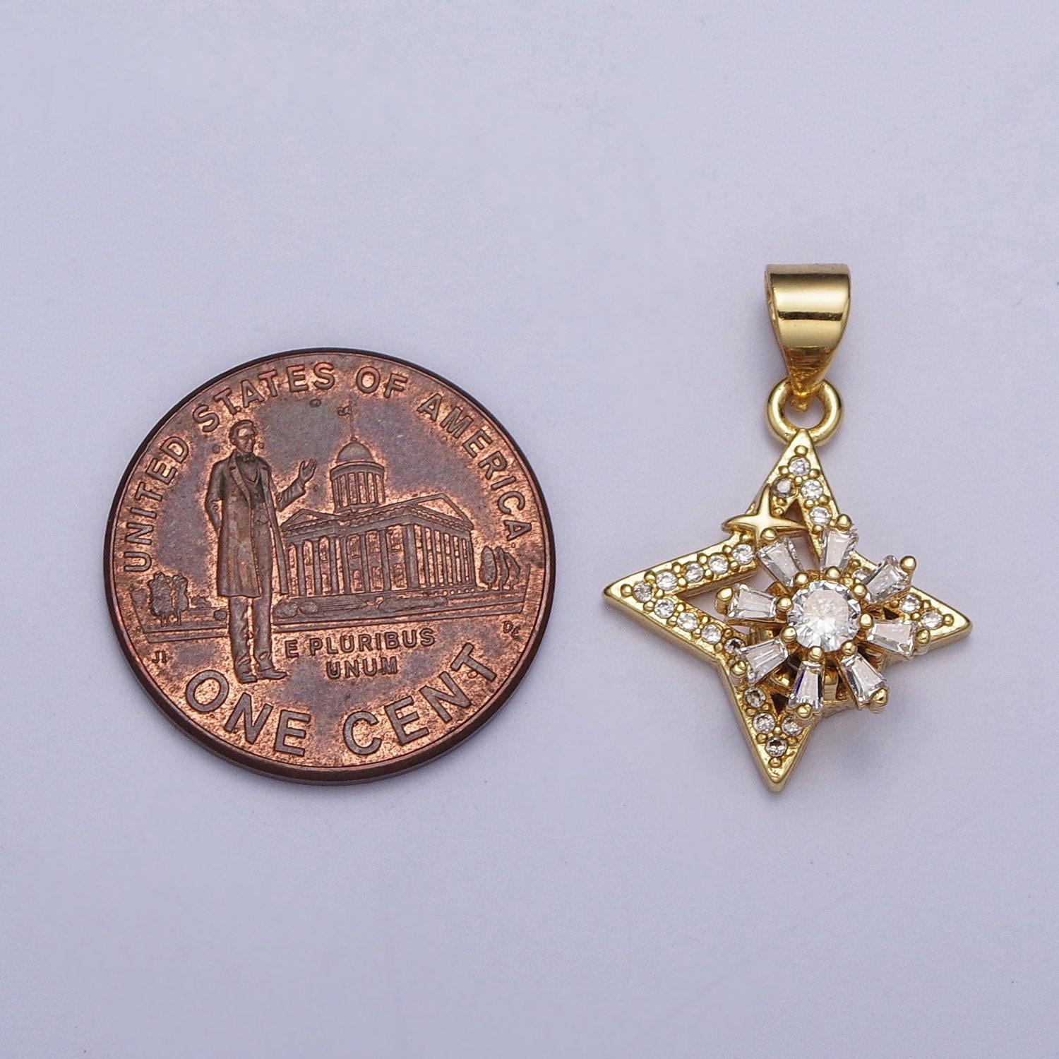 Dainty micro cz baguette paved north star pendant, 24k gold plated mini cz paved small celestial charm diy charm component | x-472