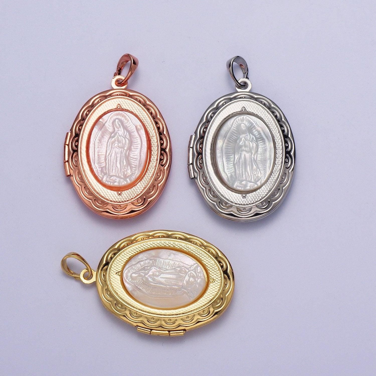 Our lady of guadalupe detailed double sided locket pendant, virgin mary open locket pearl necklace bracelet supply | x-469~x-471