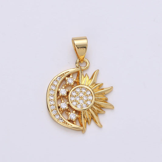 Sun, moon, and stars pendant, 24k gold filled and deep rose gold micro pave cz celestial sunshine crescent moon charm | i-912, x-457