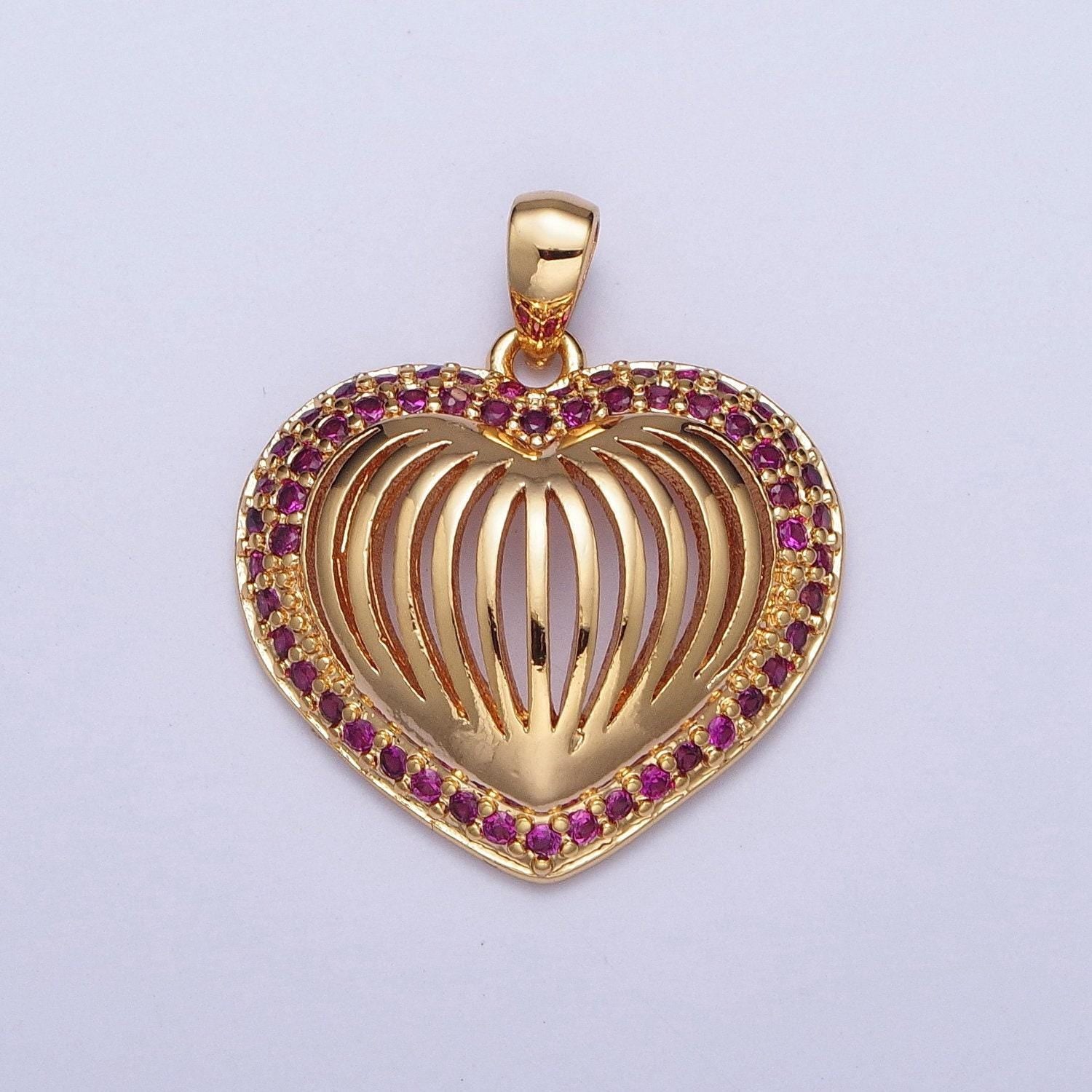 24k gold filled fuchsia cz open heart pendant, heart sunburst magenta love valentine cubic zirconia charm for jewelry making | x-435