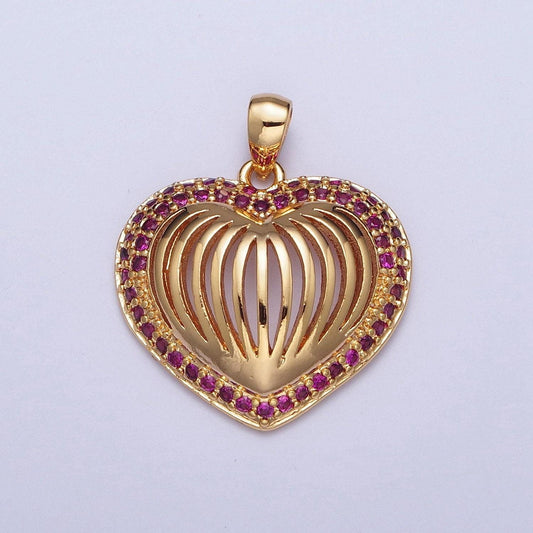 24k gold filled fuchsia cz open heart pendant, heart sunburst magenta love valentine cubic zirconia charm for jewelry making | x-435
