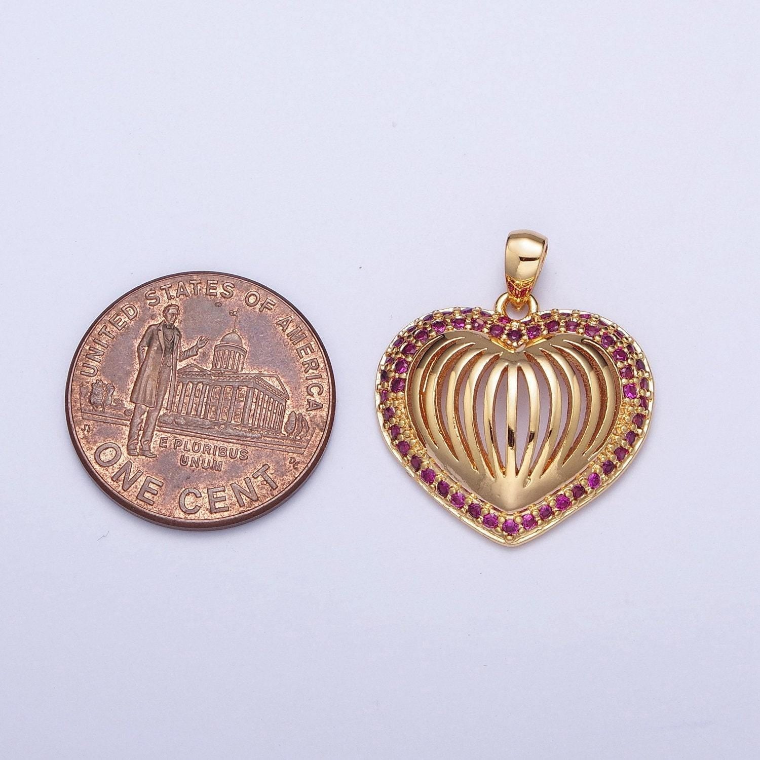 24k gold filled fuchsia cz open heart pendant, heart sunburst magenta love valentine cubic zirconia charm for jewelry making | x-435