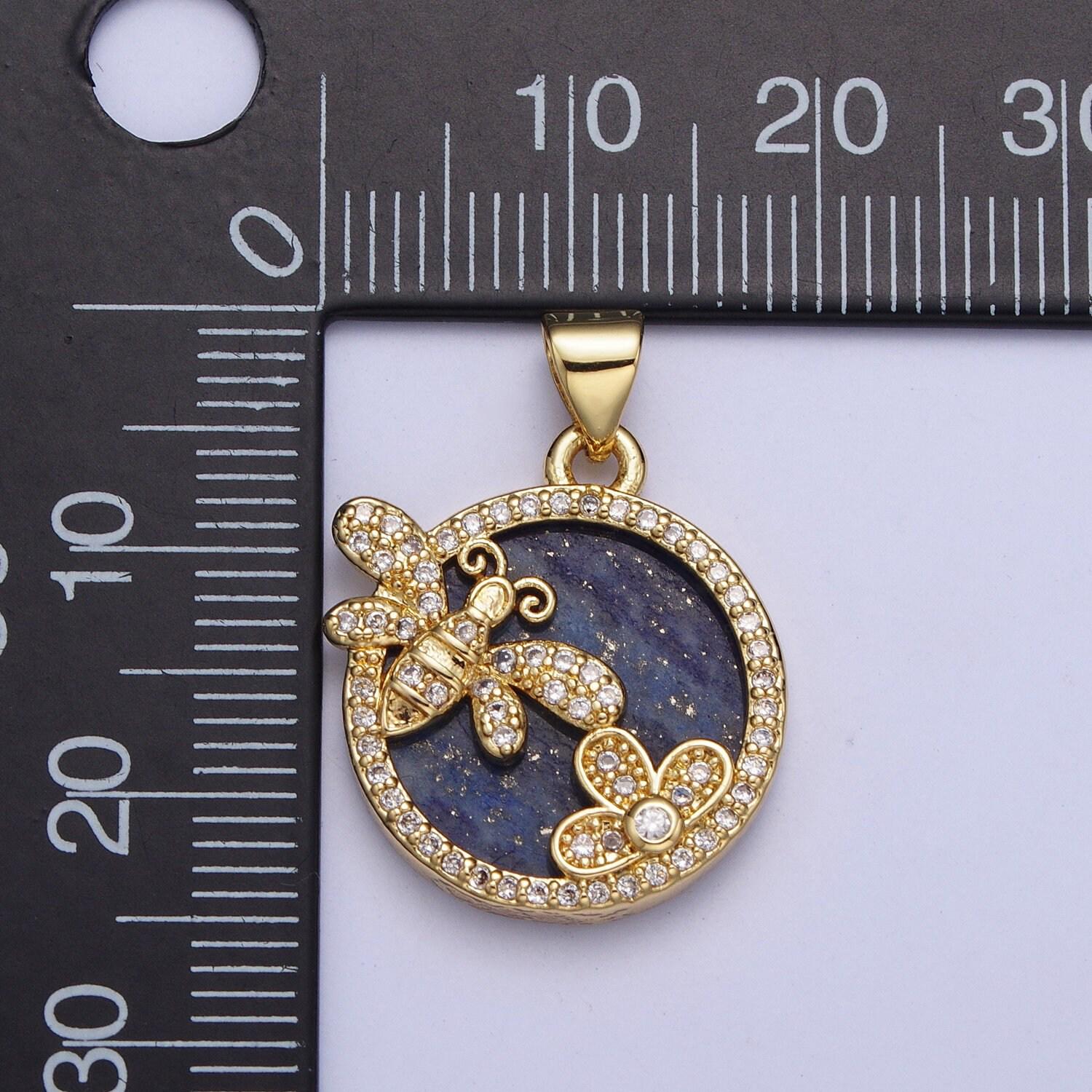 Gold blue lapiz butterfly flower coin medallion pendant, 24k gold filled round micro pave cz spring summer floral charm for jewelry | x-433