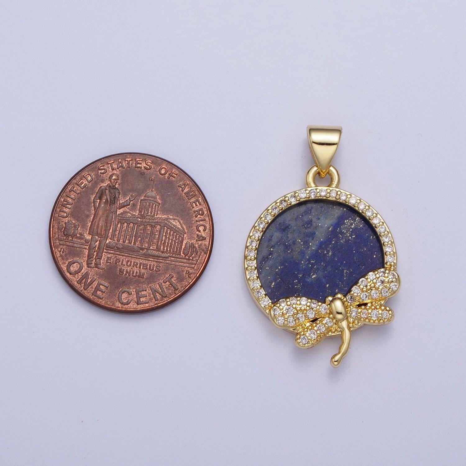 Gold blue lapiz dragonfly coin medallion pendant, 24k gold filled round micro pave cz dragon fly insect charm for jewelry | x-432