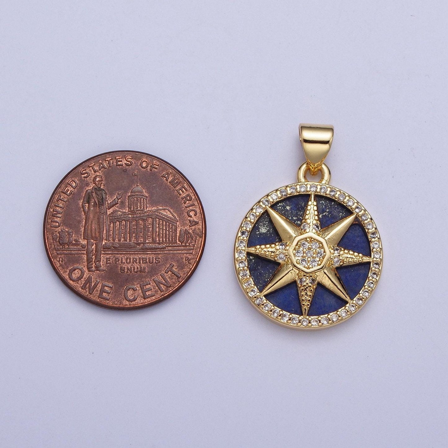 Gold blue lapiz north star coin medallion pendant, 24k gold filled round micro pave cz nautical galaxy charm for jewelry | x-431