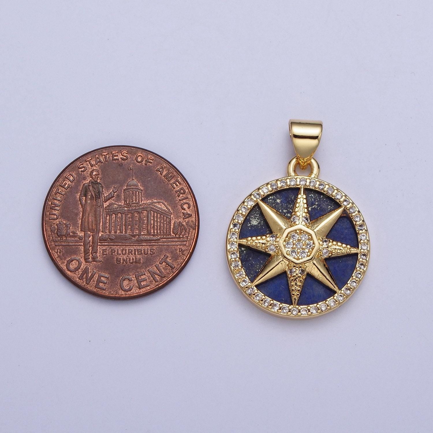 Gold blue lapiz north star coin medallion pendant, 24k gold filled round micro pave cz nautical galaxy charm for jewelry | x-431