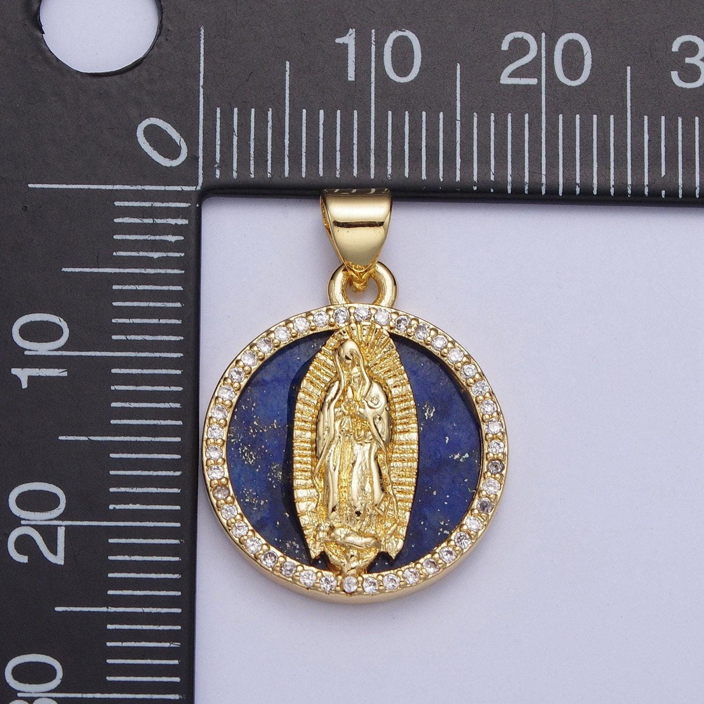 Gold blue lapiz virgin mary coin medallion pendant, 24k gold filled round micro pave cz our lady of guadalupe charm for jewelry | x-430