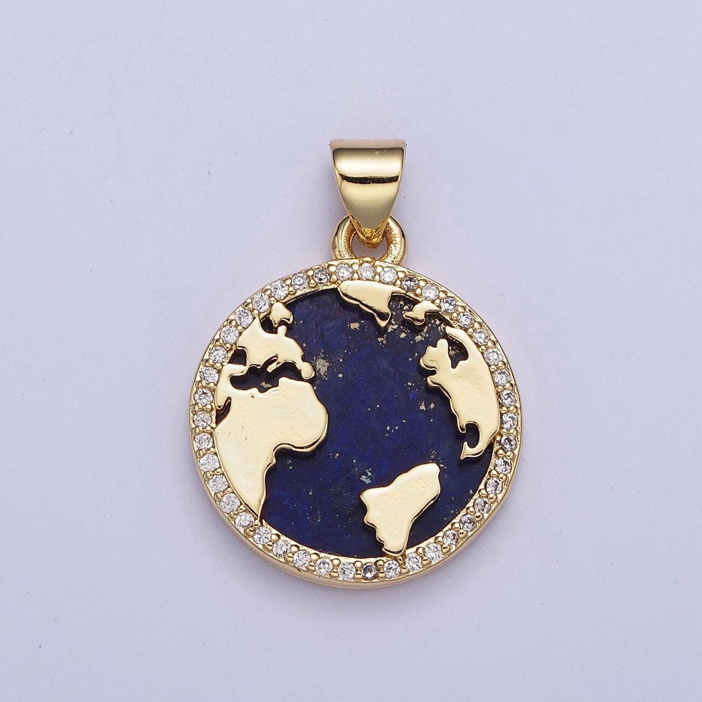 Gold blue lapiz world map coin medallion pendant, 24k gold filled round micro pave cz globe charm for jewelry making | x-426