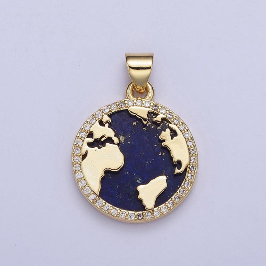 Gold blue lapiz world map coin medallion pendant, 24k gold filled round micro pave cz globe charm for jewelry making | x-426