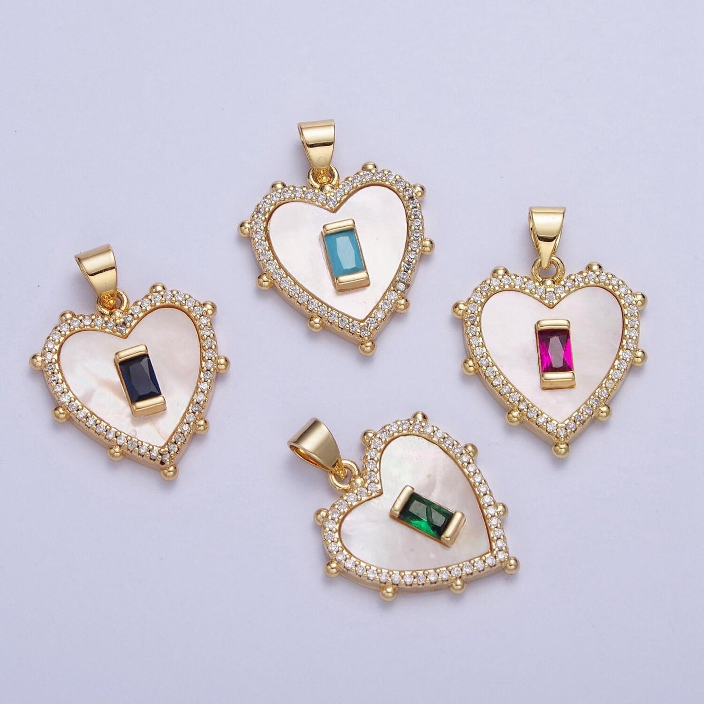 24k gold plated mini heart w. colored baguette cz pendant, love heart micro pave cubic zirconia cz stone beaded edges charm | x-415~x-418