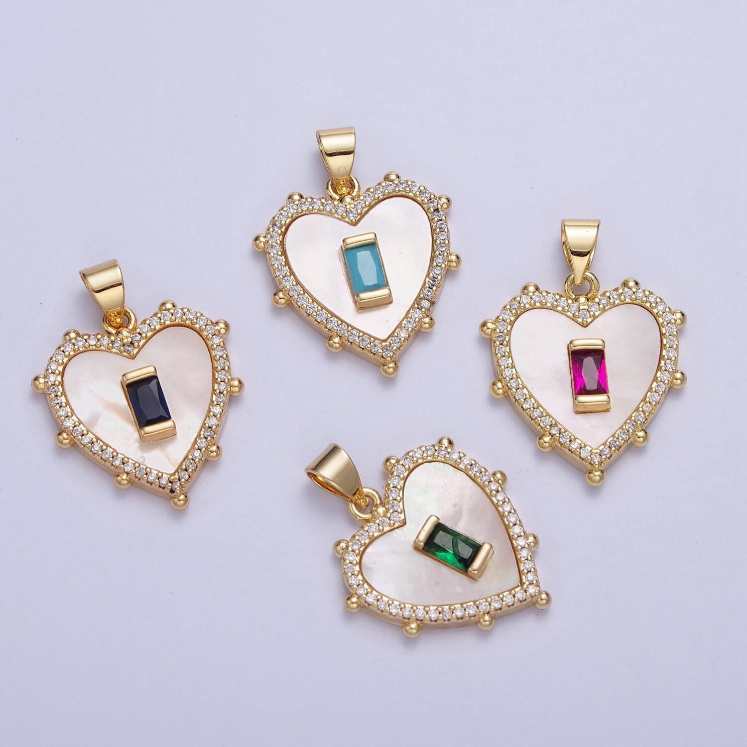 24k gold plated mini heart w. colored baguette cz pendant, love heart micro pave cubic zirconia cz stone beaded edges charm | x-415~x-418