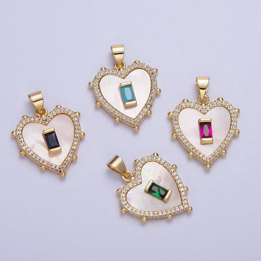 24k gold plated mini heart w. colored baguette cz pendant, love heart micro pave cubic zirconia cz stone beaded edges charm | x-416~x-418