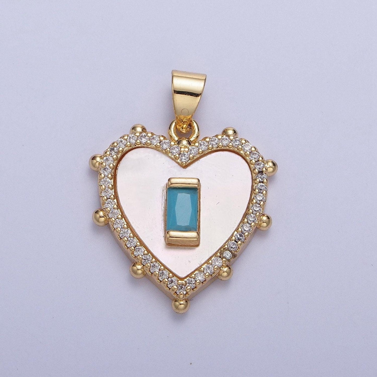 24k gold plated mini heart w. colored baguette cz pendant, love heart micro pave cubic zirconia cz stone beaded edges charm | x-415~x-418