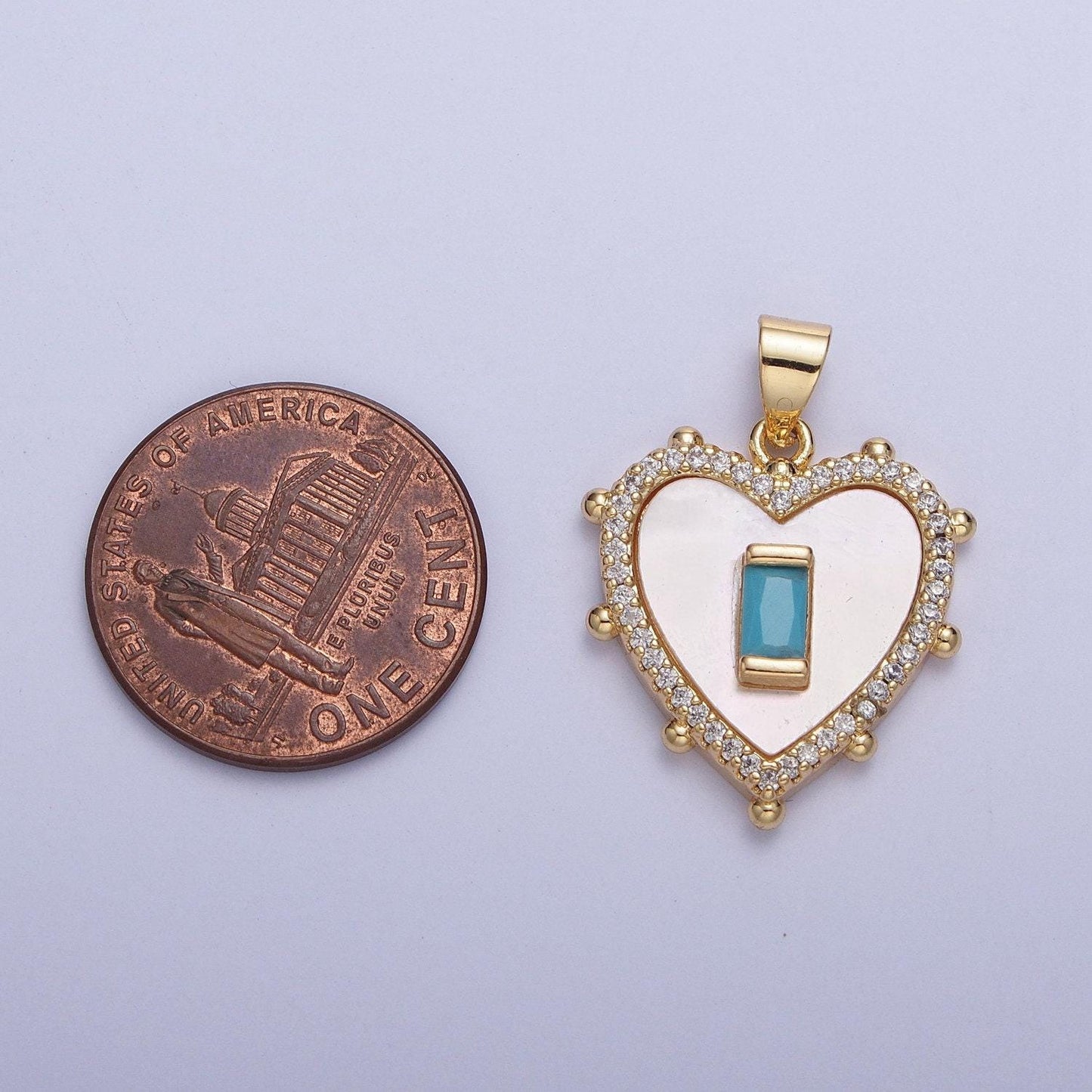 24k gold plated mini heart w. colored baguette cz pendant, love heart micro pave cubic zirconia cz stone beaded edges charm | x-415~x-418