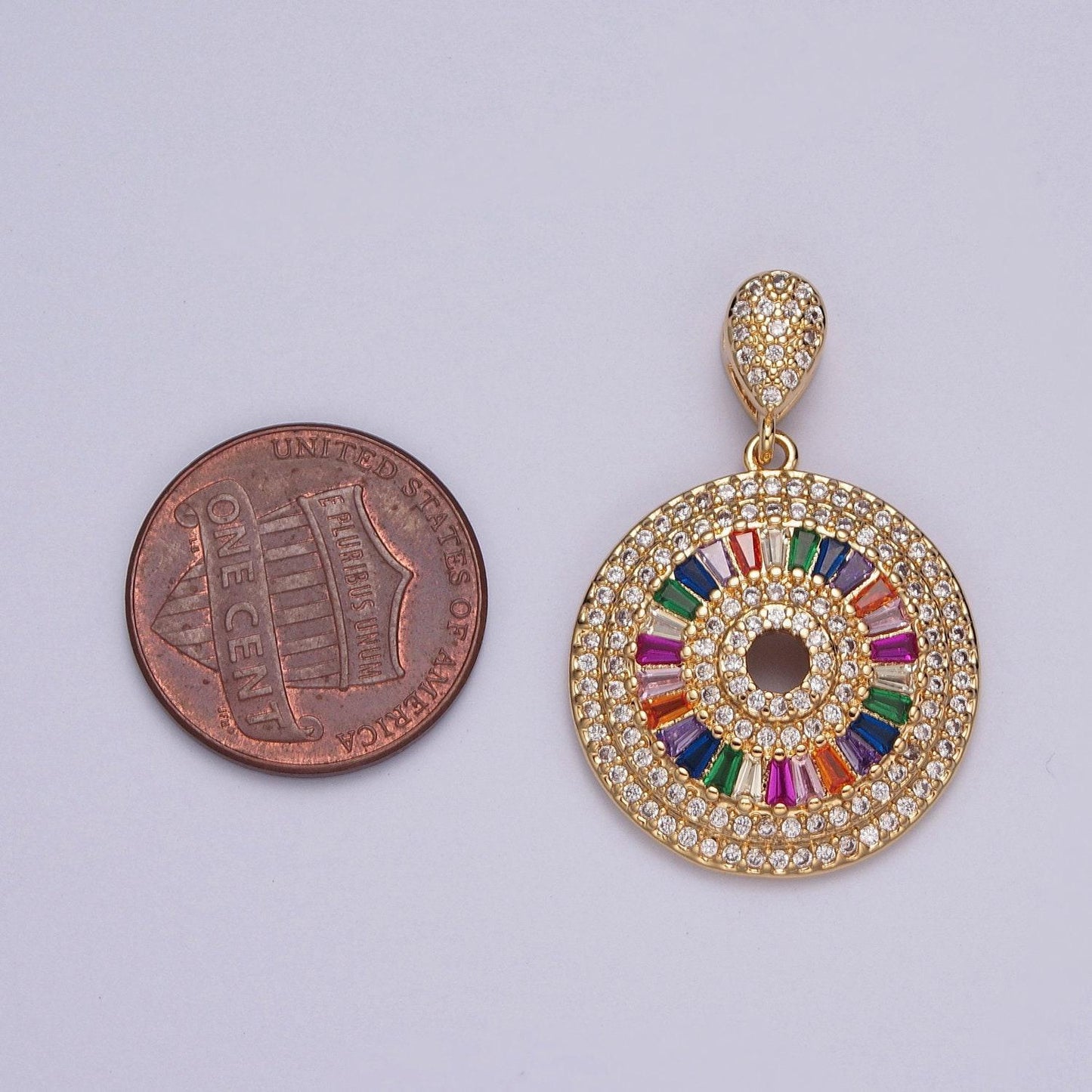 24k gold filled round circular medallion micro pave cz colorful baguette stones pendant, elegant cz stone bail charm | x-407