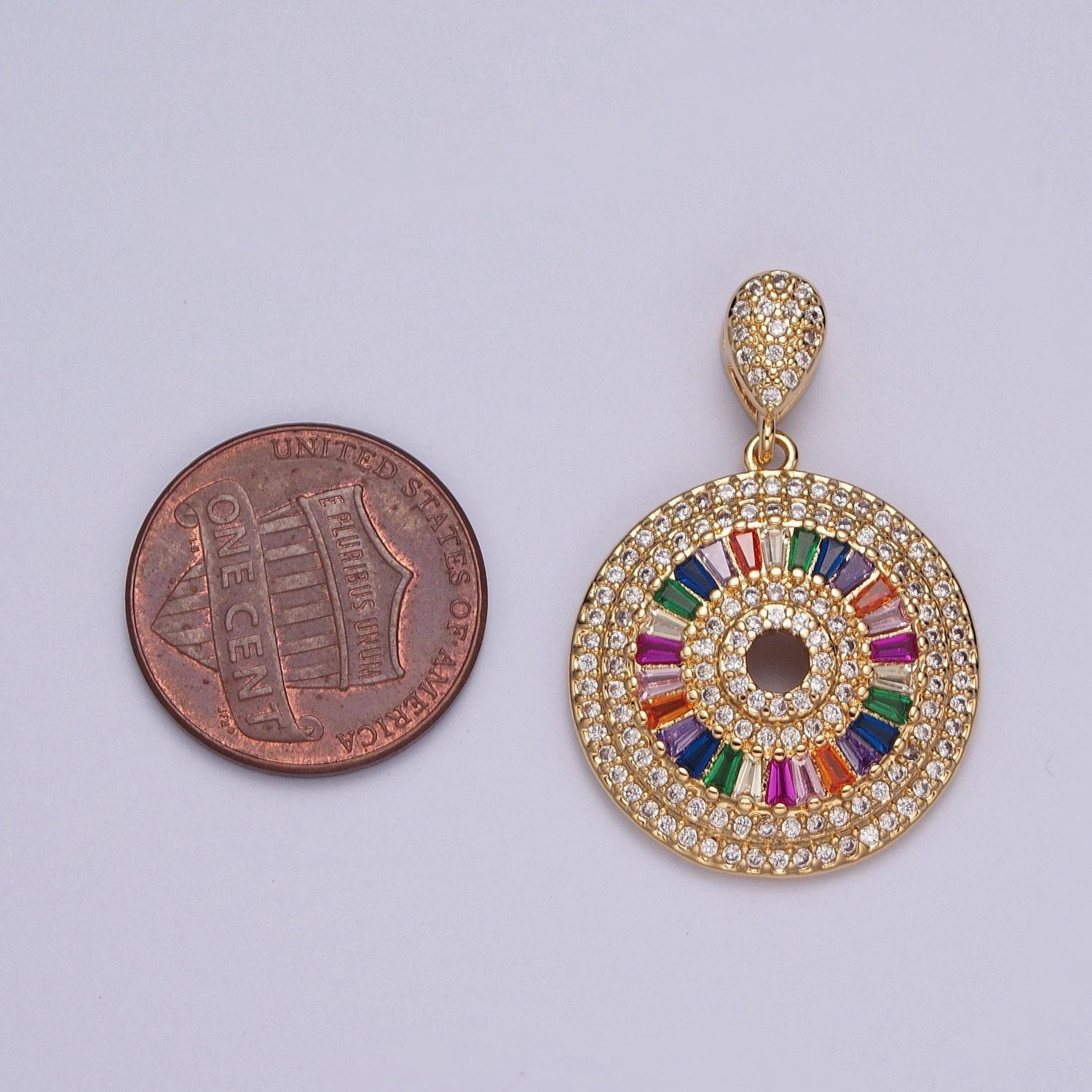 24k gold filled round circular medallion micro pave cz colorful baguette stones pendant, elegant cz stone bail charm | x-407