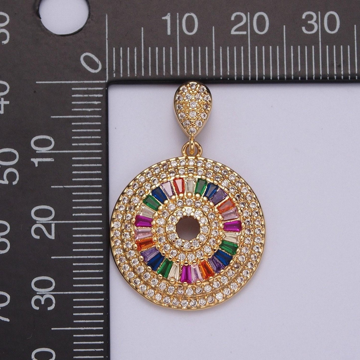 24k gold filled round circular medallion micro pave cz colorful baguette stones pendant, elegant cz stone bail charm | x-407