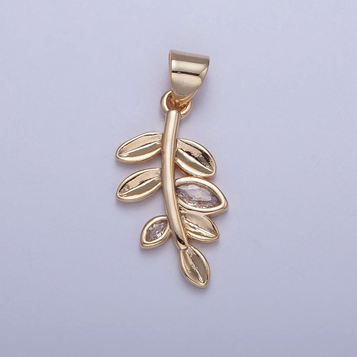 16k gold plated branched down stem leaves charm cz stone minimalist nature plant leaf charm for diy jewelry making | x-396
