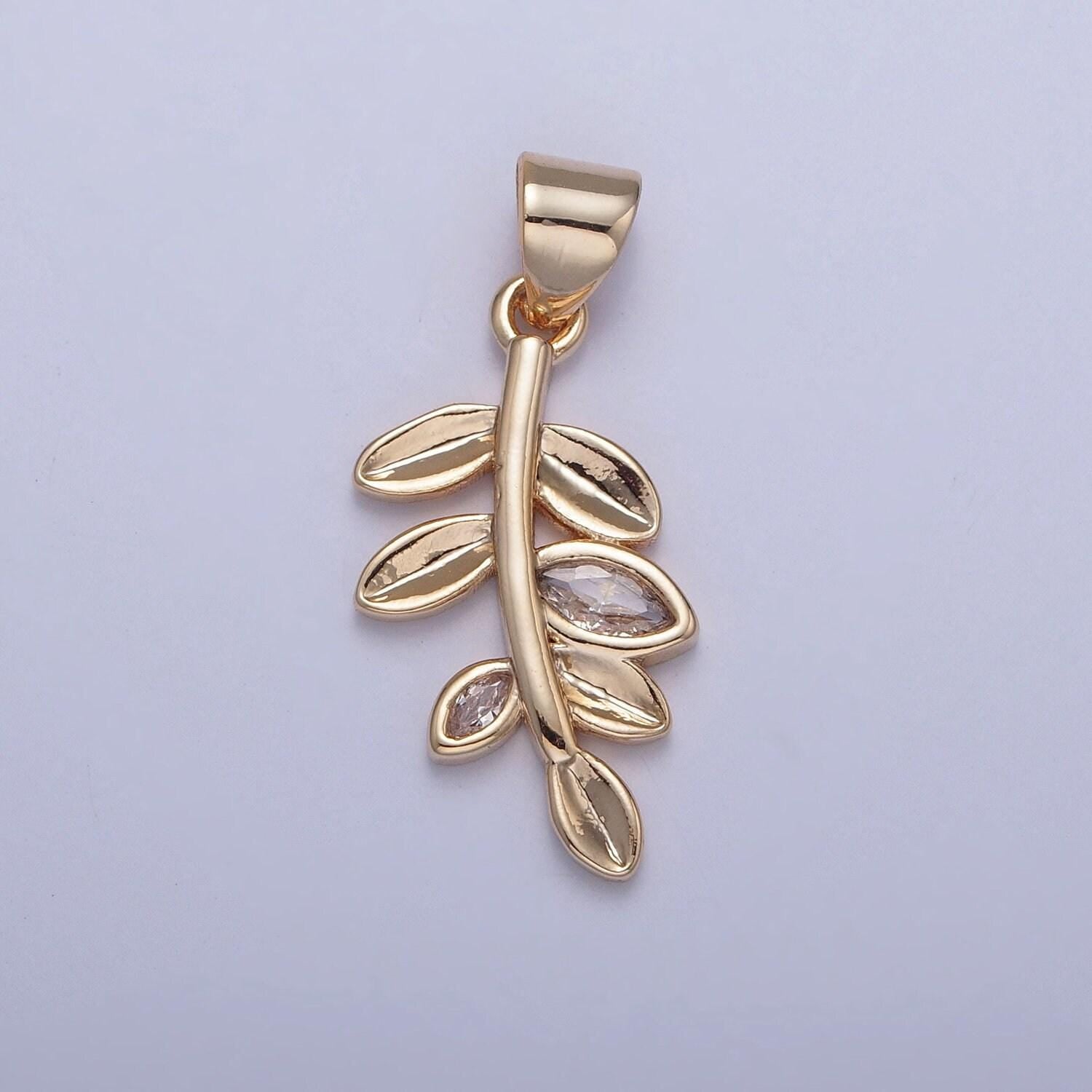 16k gold plated branched down stem leaves charm cz stone minimalist nature plant leaf charm for diy jewelry making | x-396