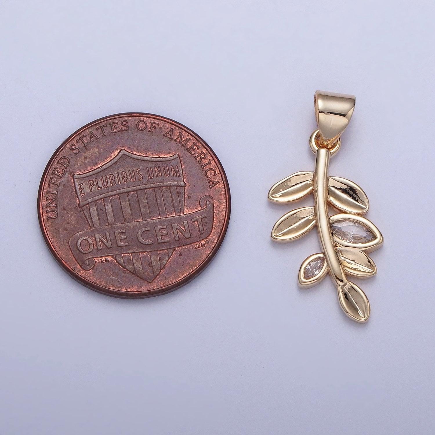 16k gold plated branched down stem leaves charm cz stone minimalist nature plant leaf charm for diy jewelry making | x-396