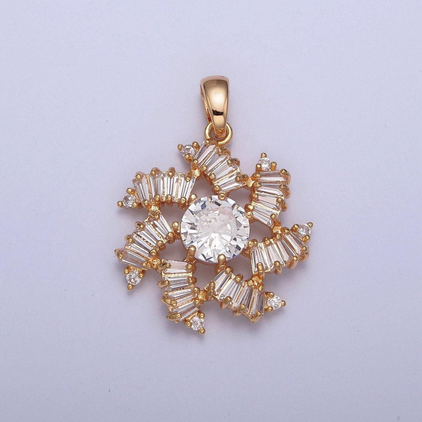 16k gold filled round spiral sunburst flower fan cubic zirconia cz linked baguette stone charm pendant | x-392