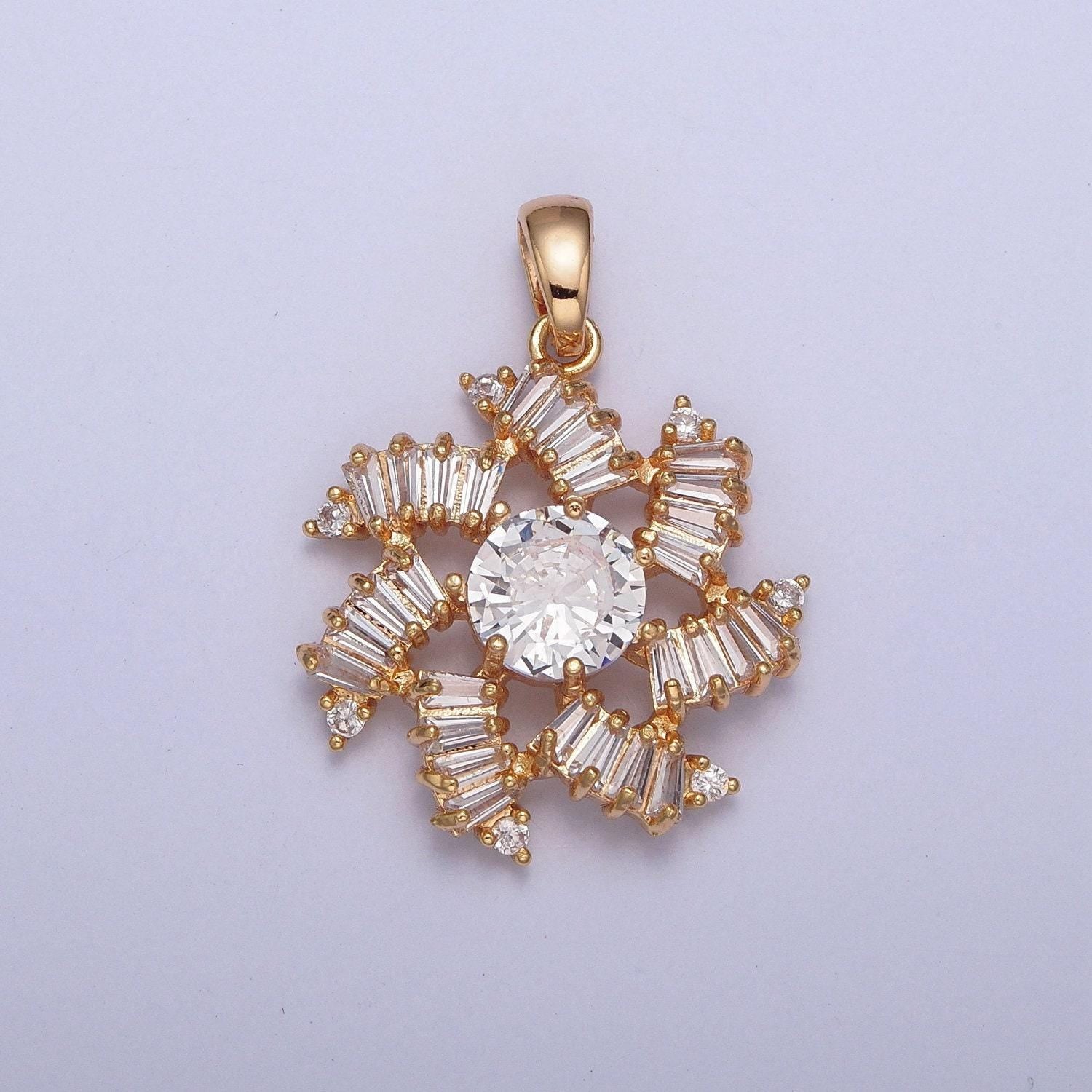 16k gold filled round spiral sunburst flower fan cubic zirconia cz linked baguette stone charm pendant | x-392