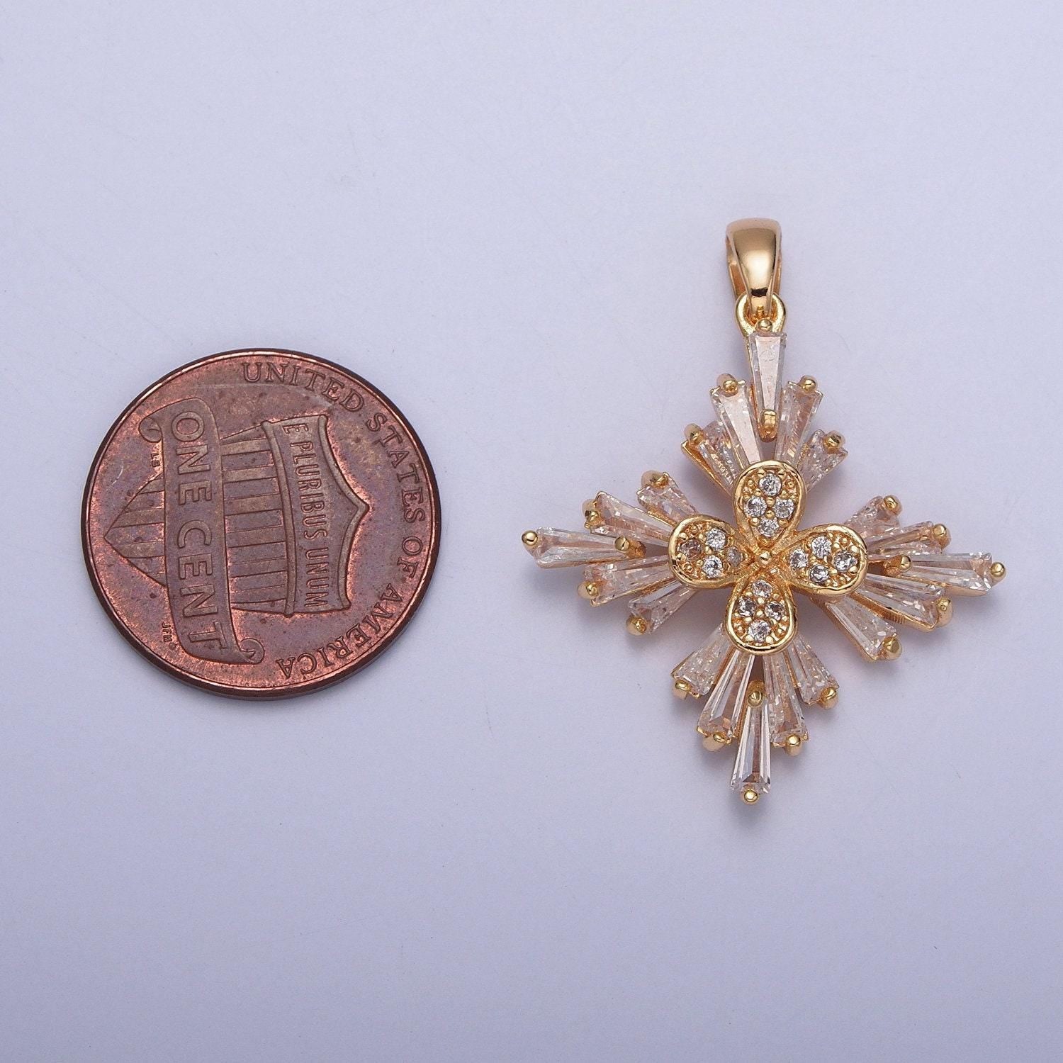 24k gold filled four leaf clover baguette stone icicles lucky charm necklace good luck pendant | x-387