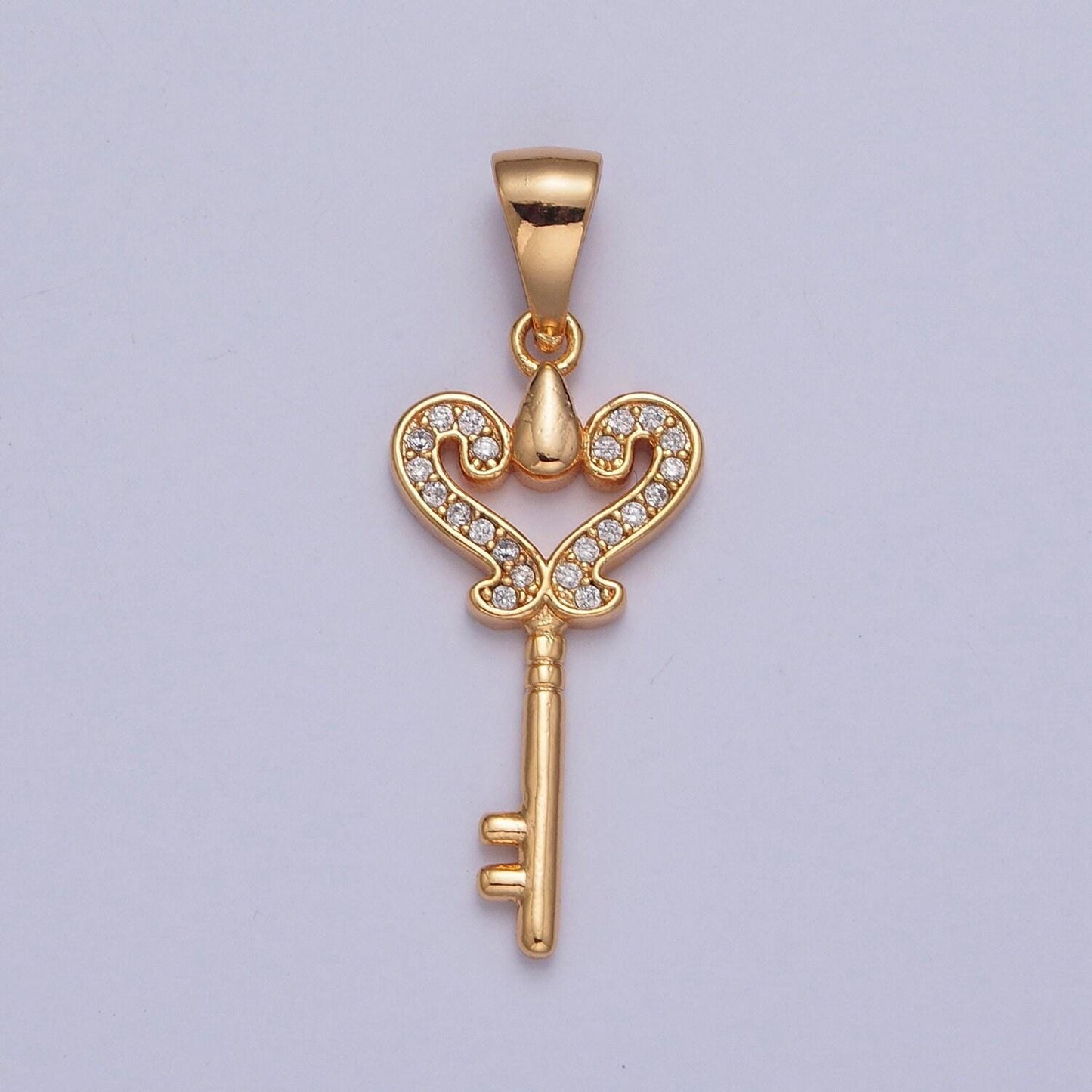 18k gold elegant dainty heart royal micro pave cz key pendant charm for jewelry necklace making | x-378