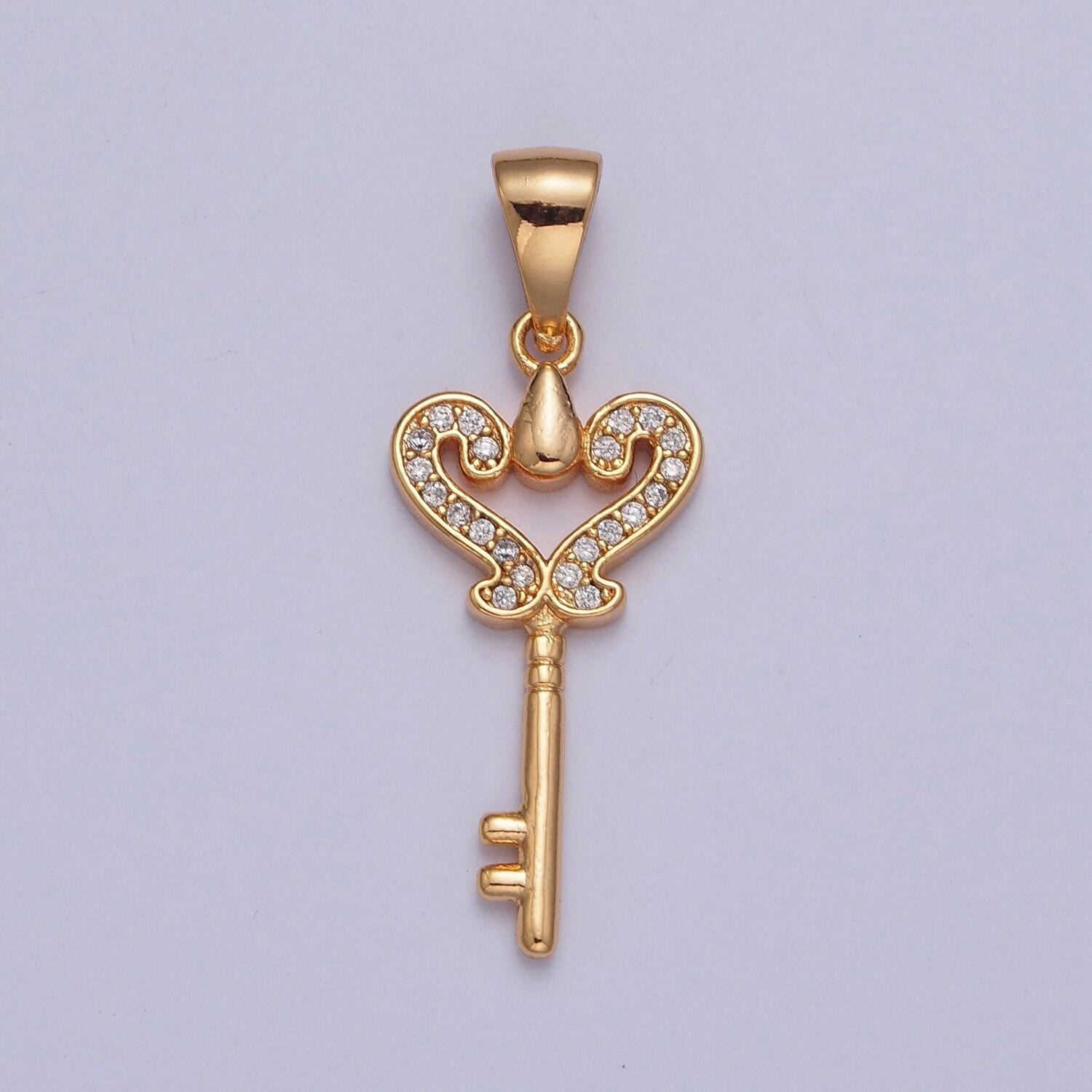 18k gold elegant dainty heart royal micro pave cz key pendant charm for jewelry necklace making | x-378