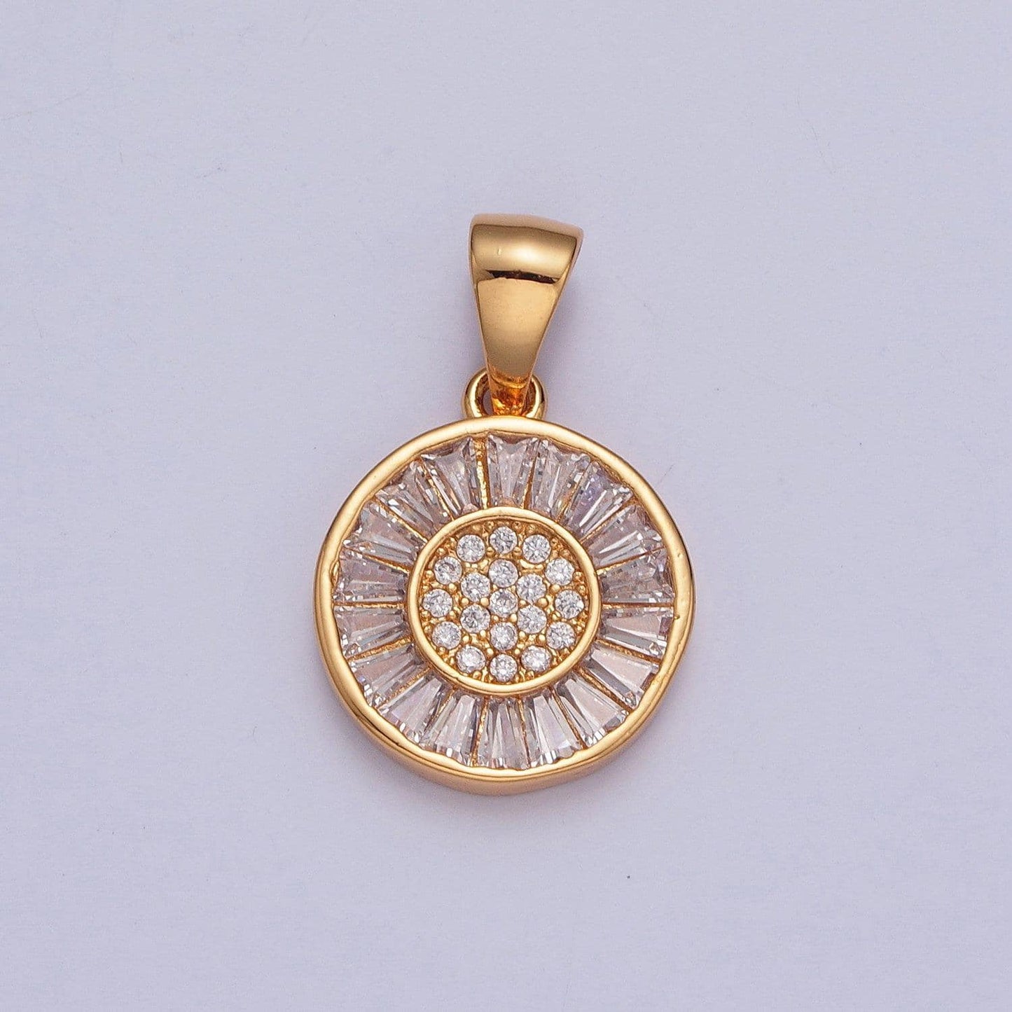 18k gold plated round circular dandelion micro pave cz baguette stones pendant, dainty flower floral dandelion charm | x-377
