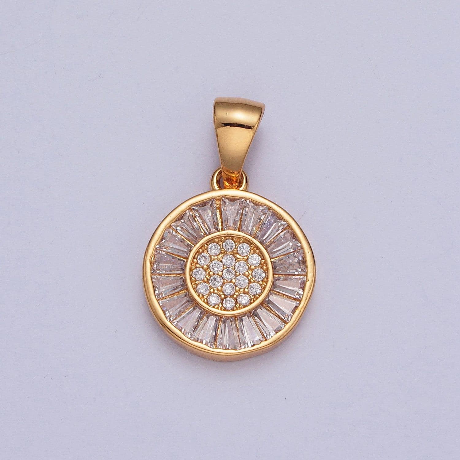 18k gold plated round circular dandelion micro pave cz baguette stones pendant, dainty flower floral dandelion charm | x-377
