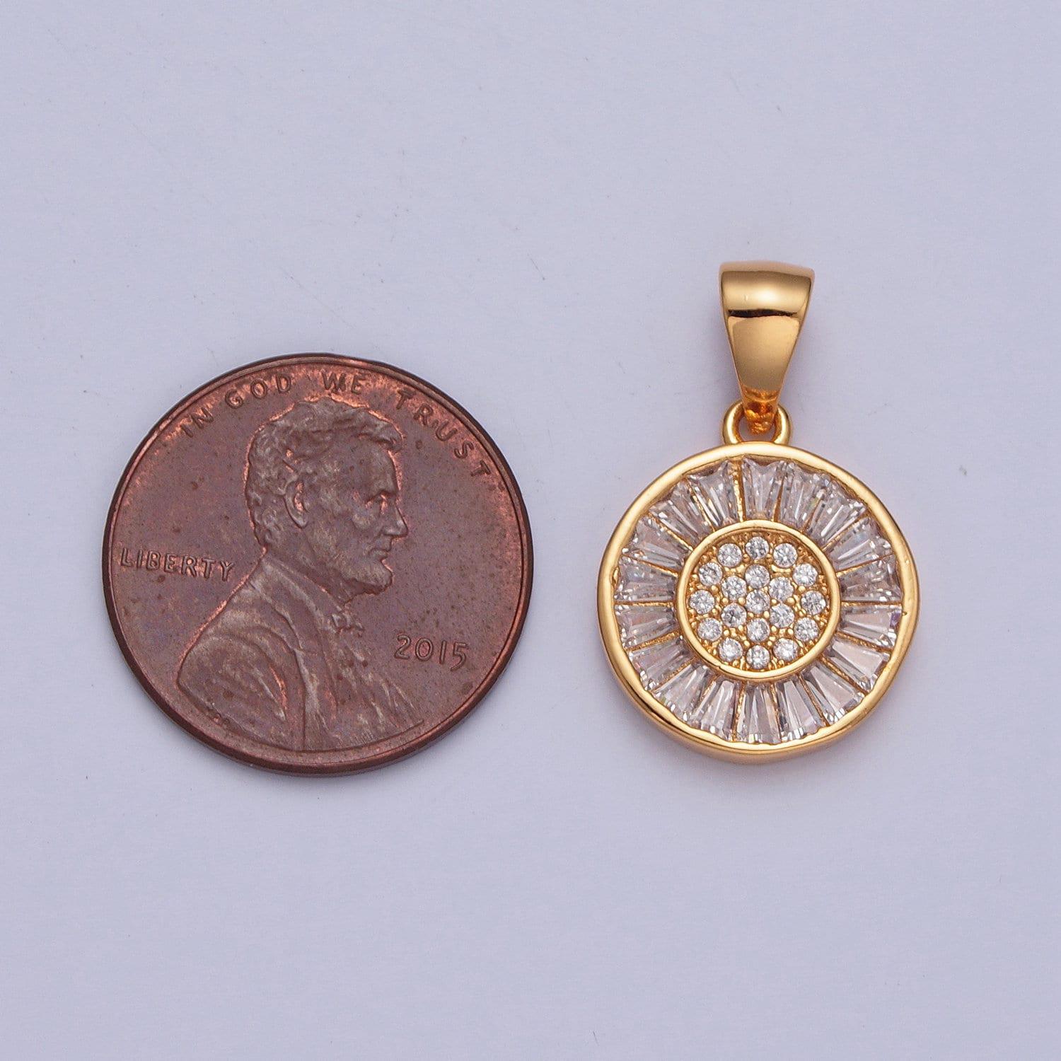 18k gold plated round circular dandelion micro pave cz baguette stones pendant, dainty flower floral dandelion charm | x-377