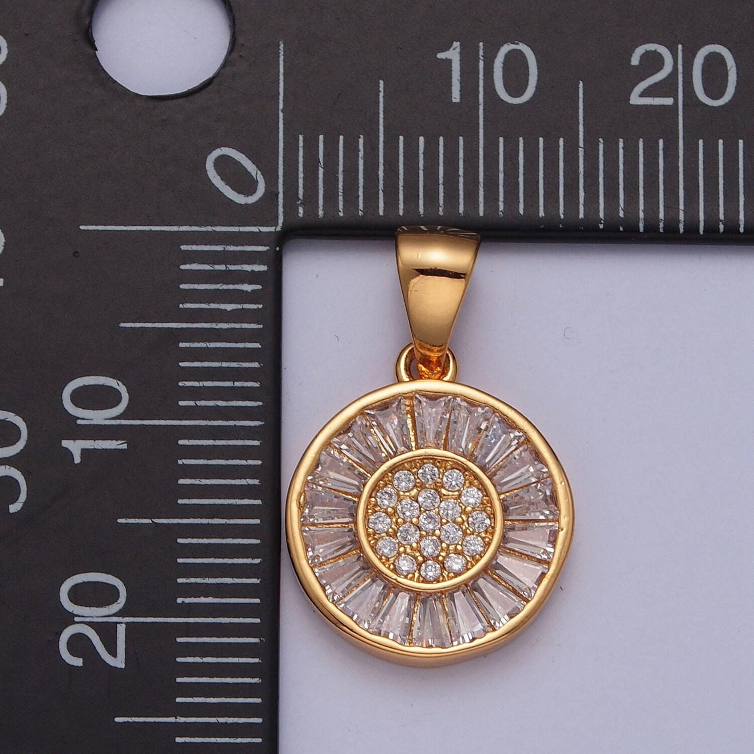 18k gold plated round circular dandelion micro pave cz baguette stones pendant, dainty flower floral dandelion charm | x-377