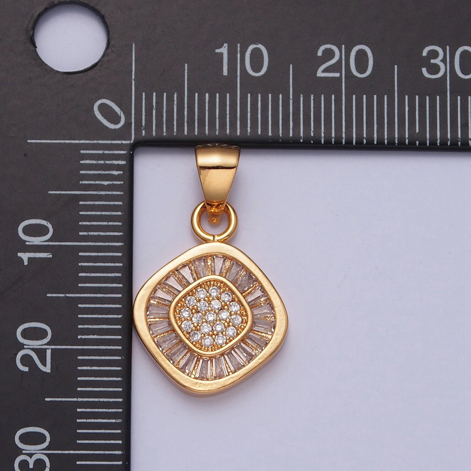 18k gold plated round soft-edged rhombus diamond micro pave cz baguette stones pendant, dainty round diamond charm | x-368