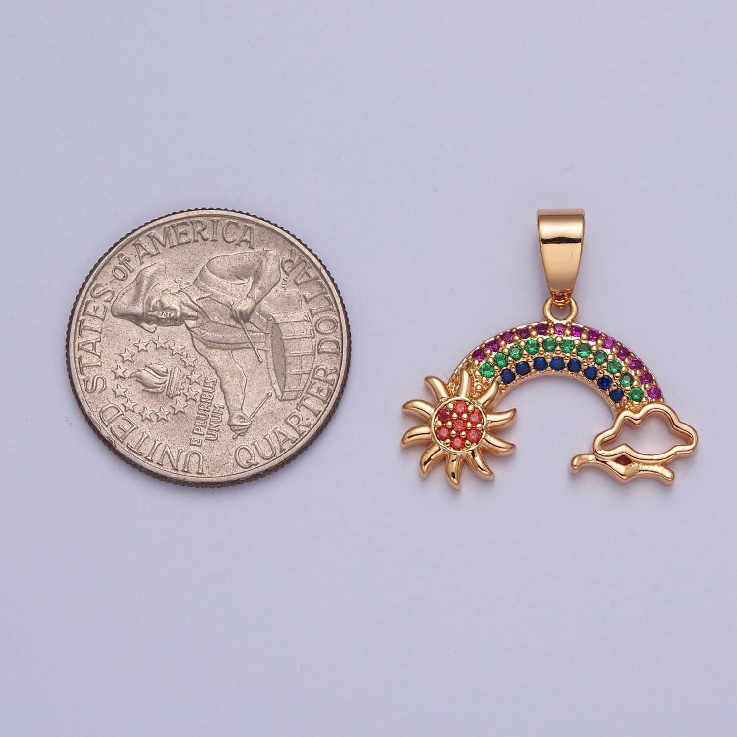 18k clear colorful gold rainbow over sun and clouds charm, sunny day cloudy bird pendant, micro pave cz stone rainbow pendant | x-364, x-365