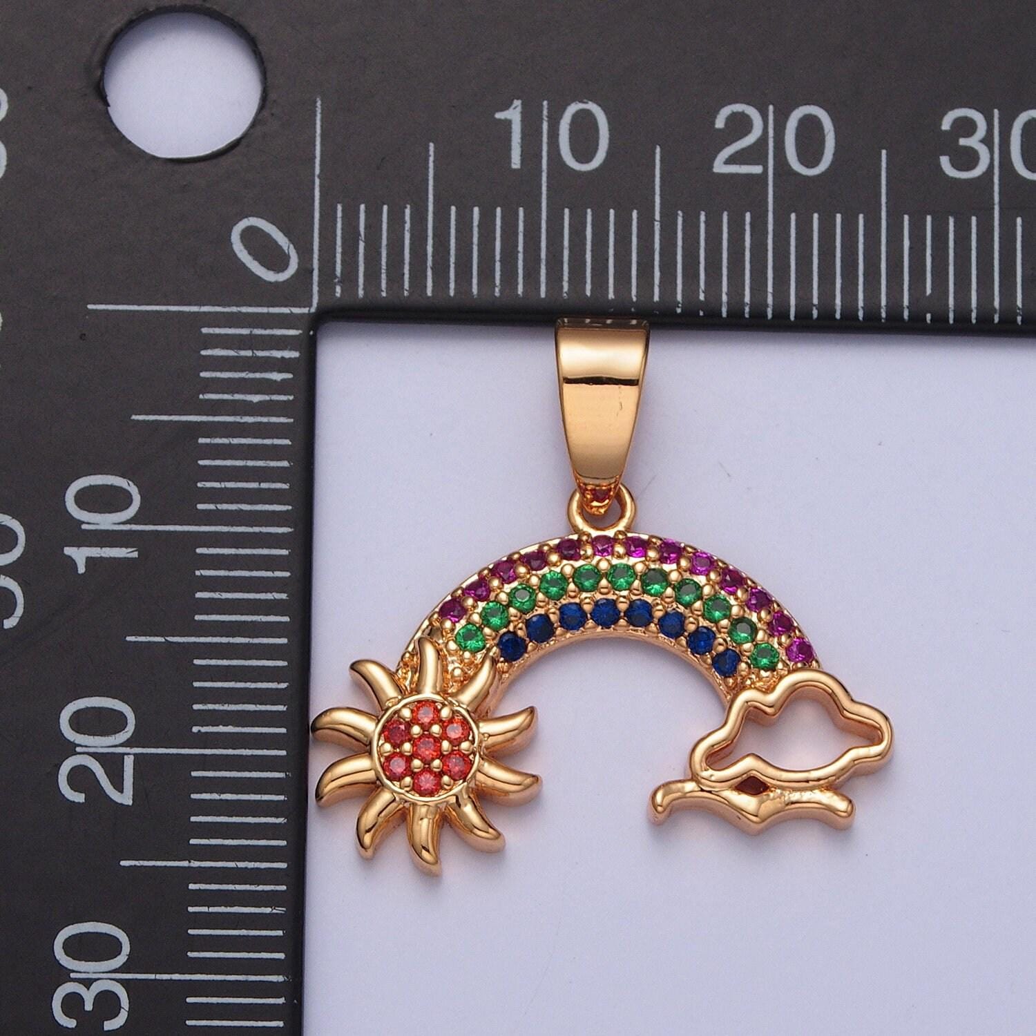 18k clear colorful gold rainbow over sun and clouds charm, sunny day cloudy bird pendant, micro pave cz stone rainbow pendant | x-364, x-365