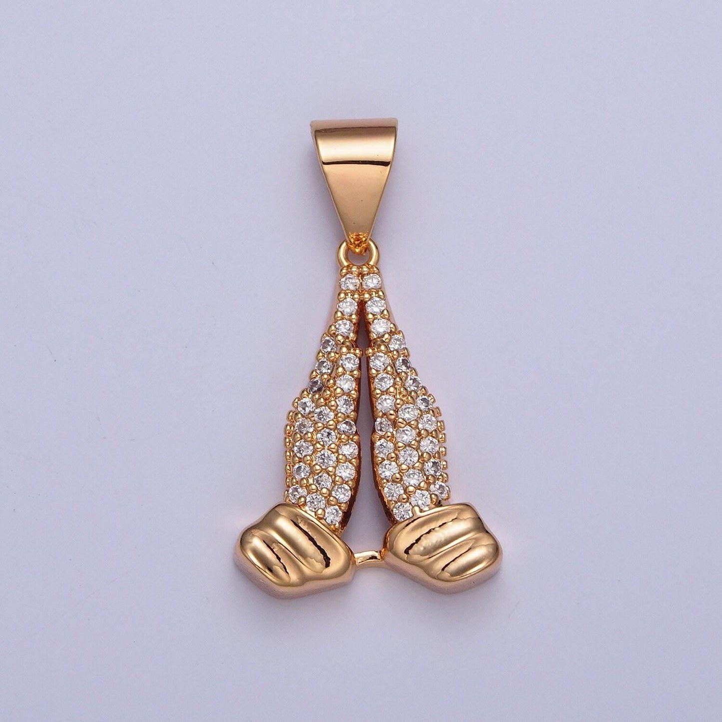 18k gold dainty praying hand charm with micro pave cz stones, hands together in prayer pendant | diy pendant for necklace bracelet | x-358