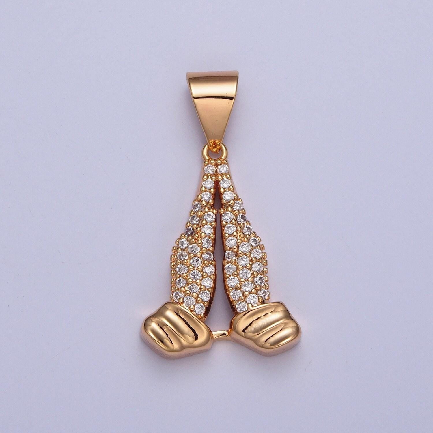 18k gold dainty praying hand charm with micro pave cz stones, hands together in prayer pendant | diy pendant for necklace bracelet | x-358